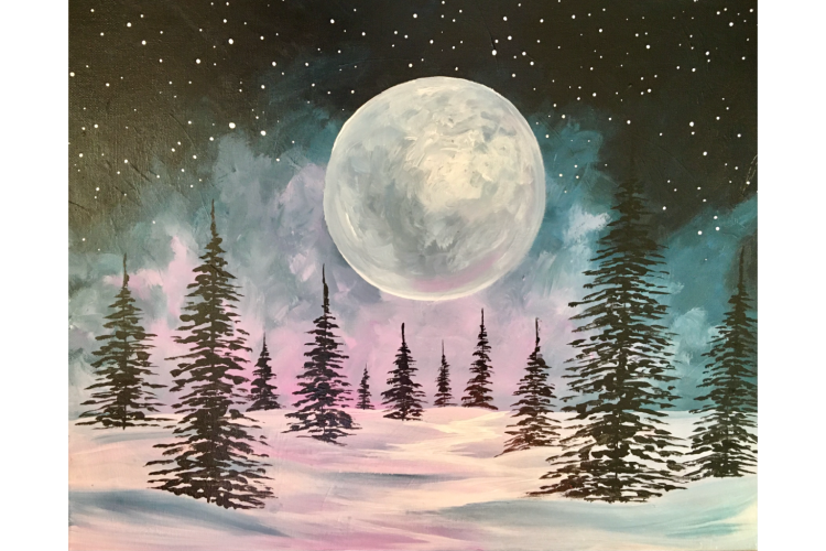 a painting of a snow covered forest floor with trees and a large full moon over the forest